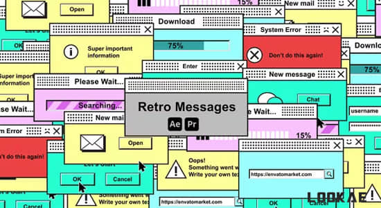 12组复古风格Windows弹窗图形动画AE/PR模板 Retro Messages-精品资源站