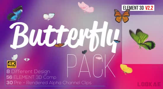 AE模板-使用E3D制作三维逼真蝴蝶拍打翅膀飞舞动画 Butterfly Pack – Element 3D-精品资源站