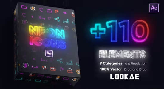AE模板-110个霓虹发光线条图标动画 Neon Icons Essential Pack-精品资源站