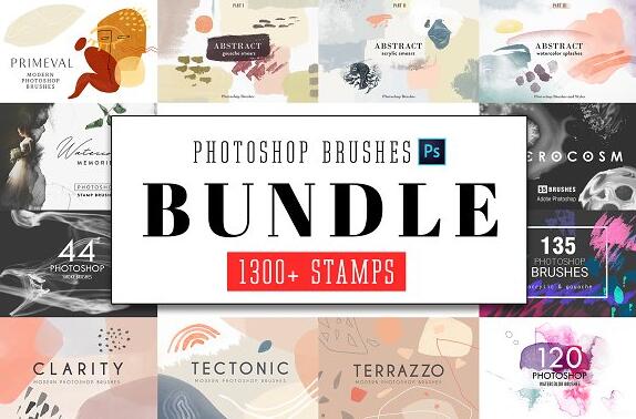 PS笔刷 1309款水彩艺术画手绘背景纹理插画 All Photoshop Stamp Brushes Bundle-精品资源站