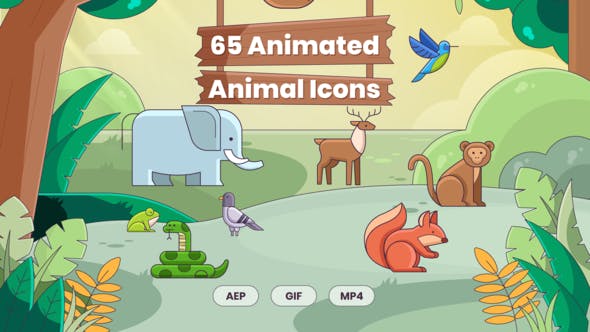AE模板-65个可爱卡通童话动物图标动画 Animated Animal Icons-精品资源站