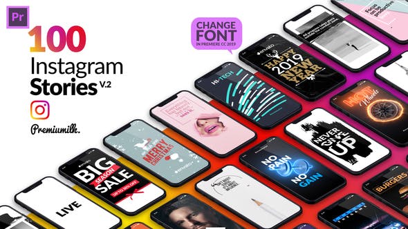 Premiere预设模板-100种时尚流行竖屏图文排版设计视频动画 Instagram Stories Package Essential Graphics-精品资源站
