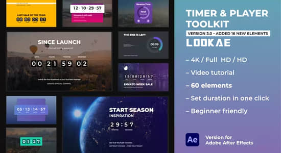 60组时尚创意图形数字计时器播放器倒计时动画AE/PR模板 Timer & Player Toolkit-精品资源站