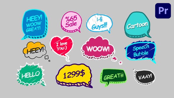 PR模板-12个综艺卡通有趣气泡花字标题动画 Speech Bubbles-精品资源站