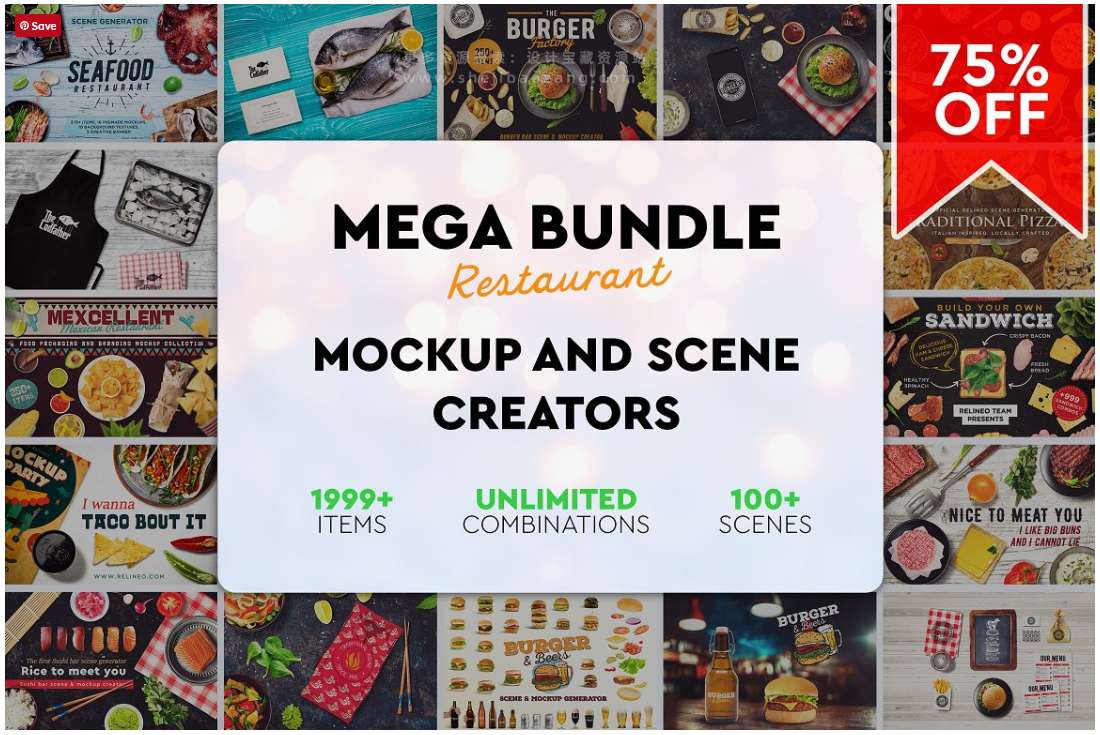 PS样机 100+餐饮美食食物餐具搭配预制场景创建PS模型样机 Mega Bundle Restaurant Scene Creator