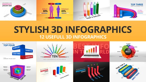 AE模板-12组三维立体信息数据图表动画 Stylish 3D Infographics-精品资源站