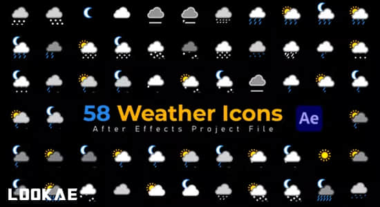 AE模板-58个扁平化阴晴雨雪天气预报图标动画 Weather Icons-精品资源站