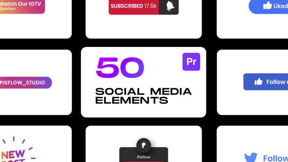 PR脚本-92个社交媒体视频网站点赞订阅关注图形元素动画 Social Elements for Premiere Pro-精品资源站
