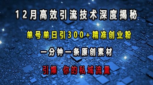 最新高效引流技术深度揭秘 ，单号单日引300+精准创业粉，一分钟一条原创素材，引爆你的私域流量-精品资源站
