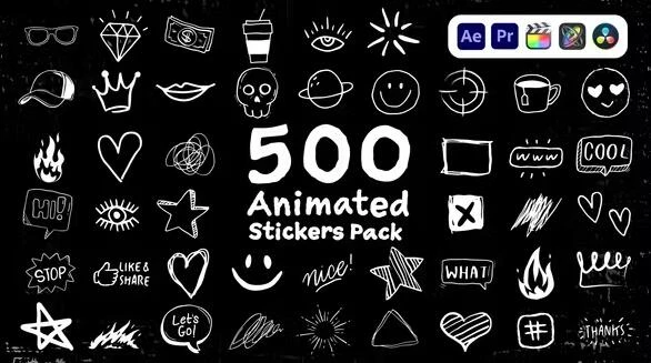 视频素材 500个手绘卡通图形贴纸动画 Animated Stickers Pack-精品资源站