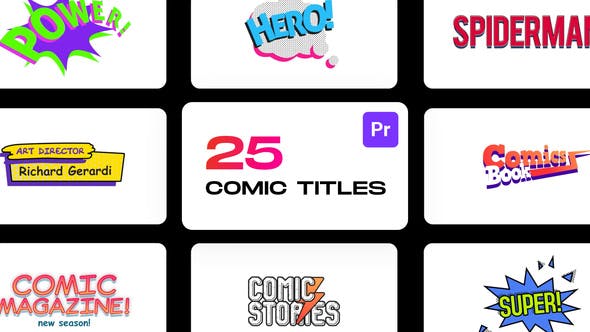 PR脚本-25种综艺动漫卡通可爱有趣贴纸气泡花字标题动画 Comic Titles for Premiere Pro-精品资源站