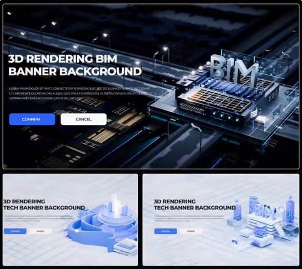 科技感3D立体BIM数据安全5G网络Banner引导页PS海报模版创意设计素材11款