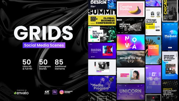 AE模板-50种社交媒体图文排版设计展示动画包 Grids – Social Media Scenes-精品资源站