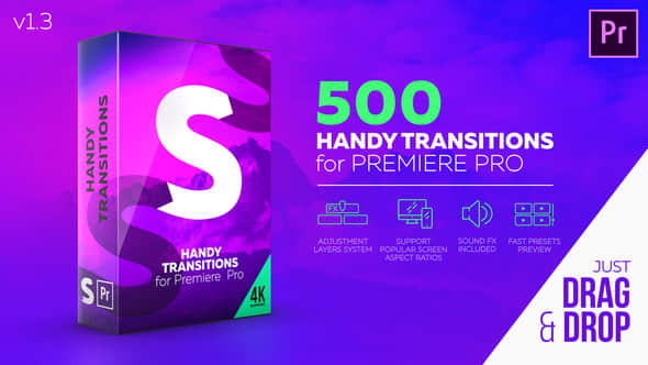 Premiere模板：500种缩放冲击平移扭曲干扰炫光转场 Handy Transitions PR模板免费下载-精品资源站