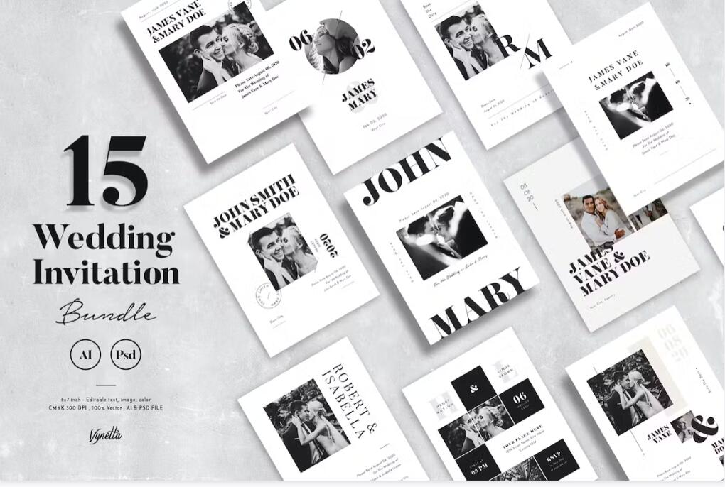 PSD/AI模板 15套简约干净婚礼邀请函卡片设计素材 15 Wedding Invitation Bundle