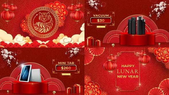 AE模板-2022新春虎年红色喜庆礼物商品特卖展示介绍片头Chinese New Year Sale-精品资源站