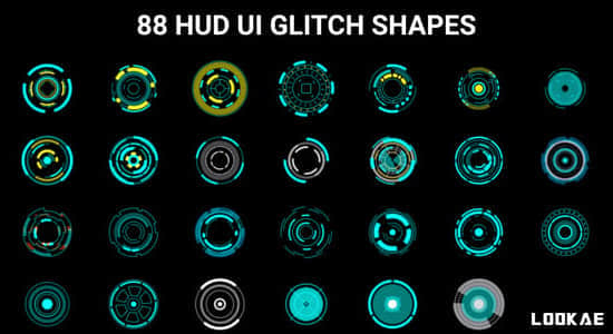 AE模板-88个科技感数据信息UI界面图形动画 HUD UI Glitch Shapes-精品资源站