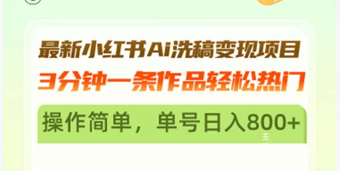 最新小红书Ai洗稿变现项目 3分钟一条作品轻松热门 操作简单，单号日入800+-精品资源站