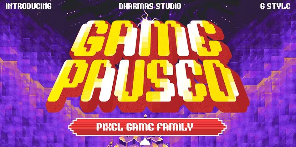 90年代街机电玩复古游戏像素化传单海报设计英文字体 Game Paused – Pixel Game Family-精品资源站