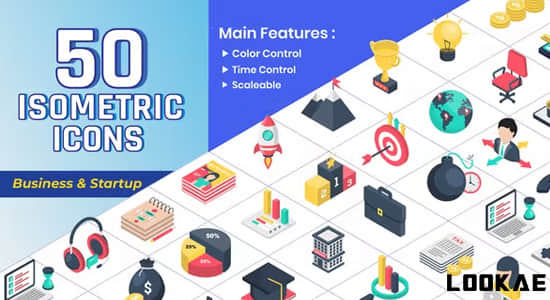 AE模板-50个三维等距商业宣传图标动画 Isometric Icons-精品资源站