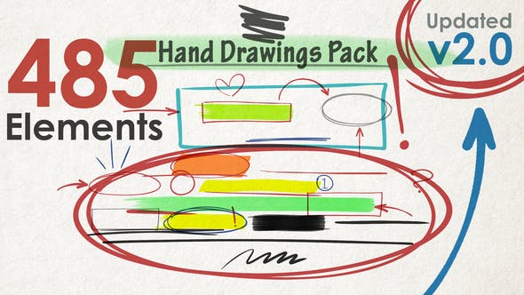 AE模板-485个手绘路径线条箭头圆圈图形动画 Hand Drawings Pack + 通道视频素材-精品资源站