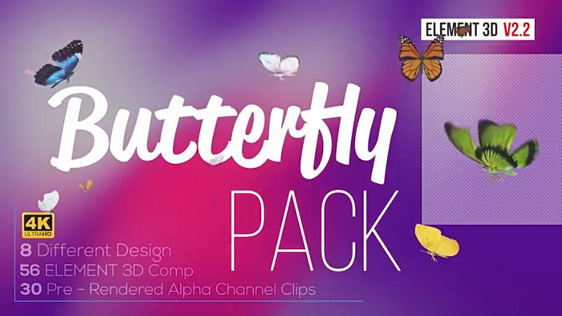 AE模板 使用E3D制作三维逼真蝴蝶拍打翅膀飞舞动画 Butterfly Pack – Element 3D