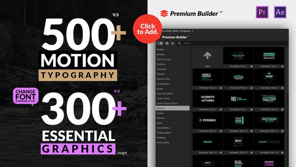 AE/PR脚本模板-500种现代时尚创意设计商务婚礼文字标题预设 Motion Typography Essential Graphics V5-精品资源站