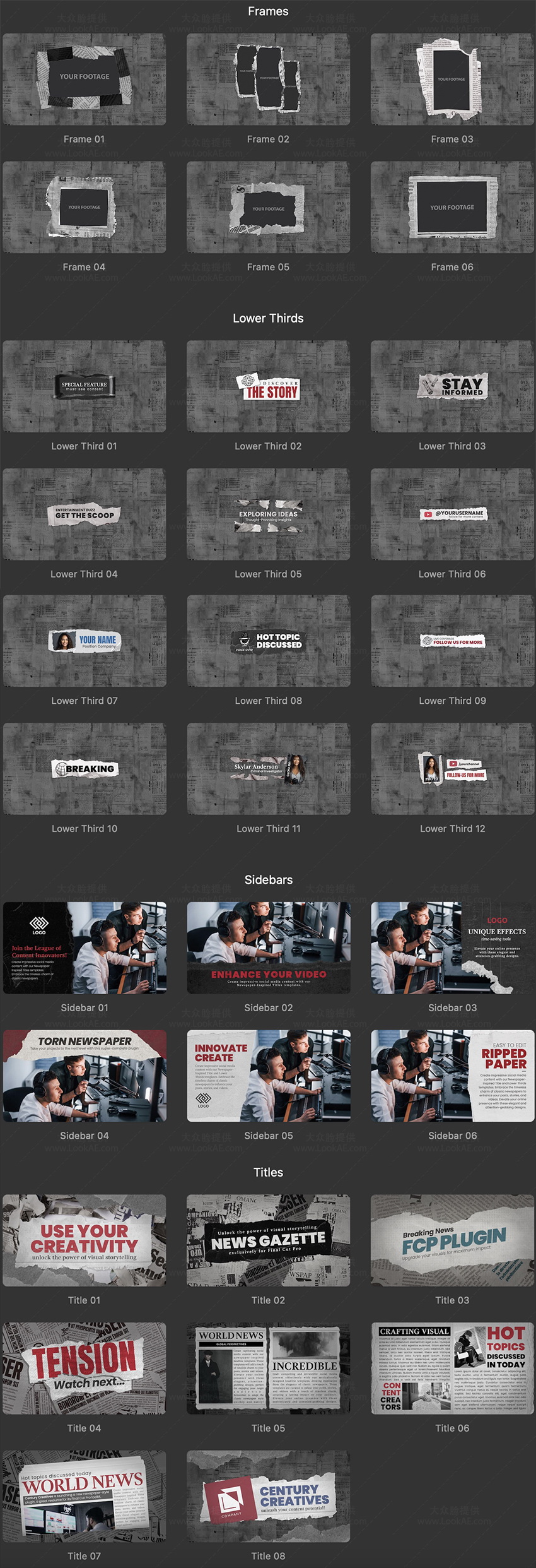 FCPX插件-32个报纸撕裂元素文字标题边栏动画预设-LookAE.com FCPX插件-32个报纸撕裂元素文字标题边栏动画预设