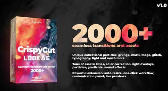 AE脚本-2000个摄像机冲击扭曲故障光效粒子转场标题调色音效背景 CrispyCut-精品资源站