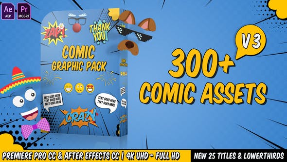 AE模板+PR预设：动漫卡通综艺表情贴纸文字图形动画包Comic Titles V3-精品资源站