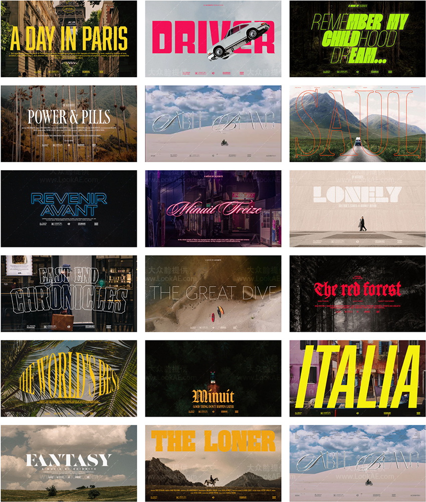 AE/PR/PS/FCPX/达芬奇模板-25组电影海报文字标题排版宣传展示预设 Film Titles-LookAE.com AE/PR/PS/FCPX/达芬奇模板-25组电影海报文字标题排版宣传展示预设 Film Titles