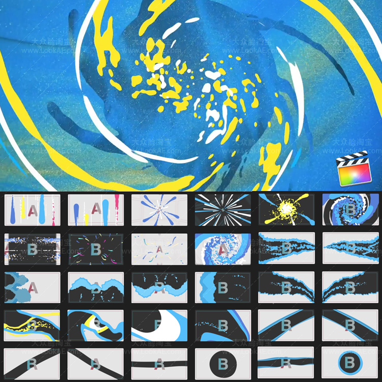 FCPX转场插件-42个卡通水流液体MG图形动画转场