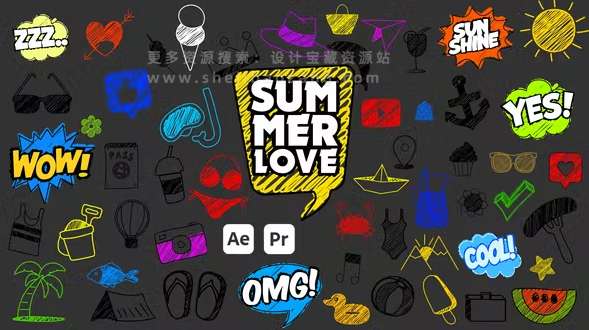 68个手绘涂鸦图形线条AE/PR模板动画 Summer Scribble Icons