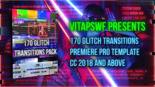 PR模板-170种信号故障干扰毛刺像素损坏抖动闪烁转场预设 Glitch Transitions Pack-精品资源站
