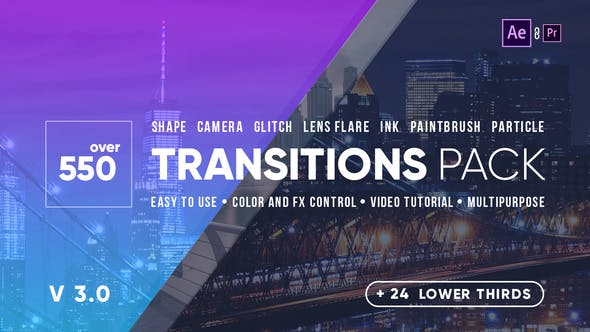 AE模板-550个推拉缩放信号干扰水墨光效图形遮罩视频转场 Transitions V3-精品资源站