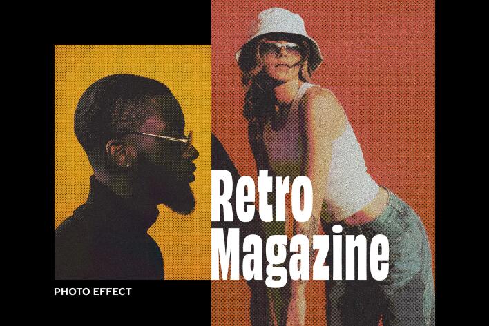 PSD模板 老式复古半色调印刷杂志海报噪点纹理特效Retro Magazine Halftone Photo Effect