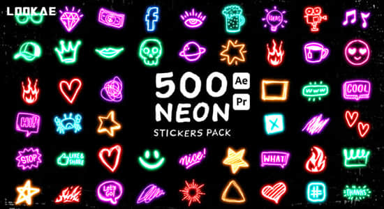 AE/PR模板-500个霓虹发光图形贴纸动画 Neon Stickers Pack-精品资源站