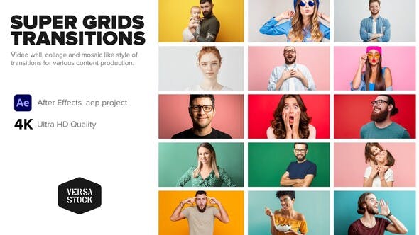 AE模板-55种超级网格视频墙多画面过渡转场动画 Super Grid Transitions Video Wall 4K-精品资源站