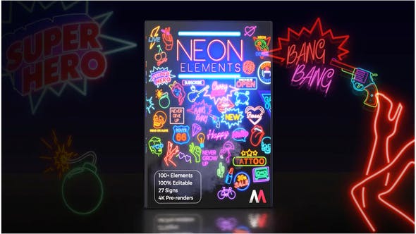 视频素材+AE模板-100种现代时尚霓虹发光图形动画元素包 Neon Elements 4K-精品资源站
