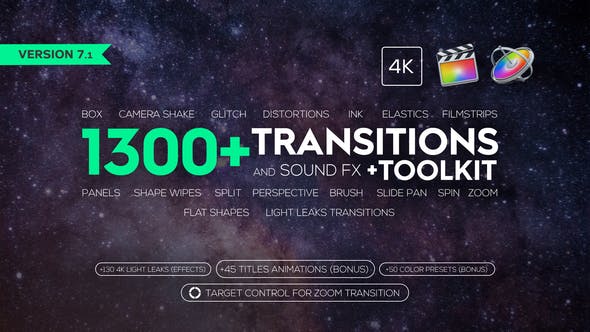 FCPX插件-858个冲击缩放平移滑动扭曲水墨炫光转场+音效素材 v7.1-精品资源站