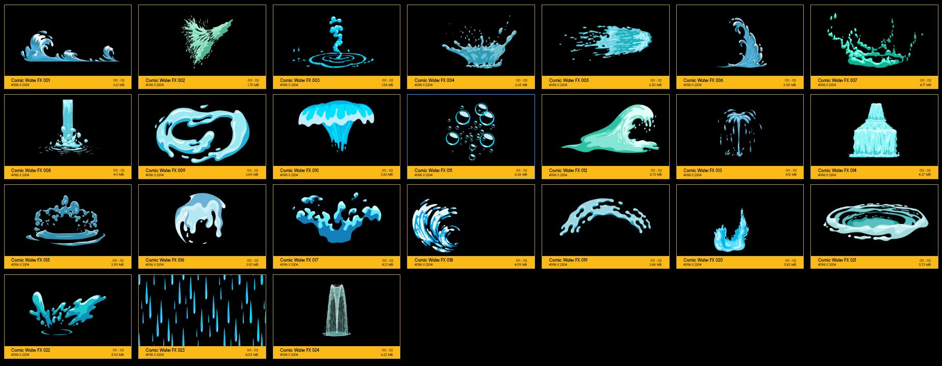 4K视频素材 109个二维卡通液体水流波浪翻腾MG特效动画 +AE模板 Comic Water FX