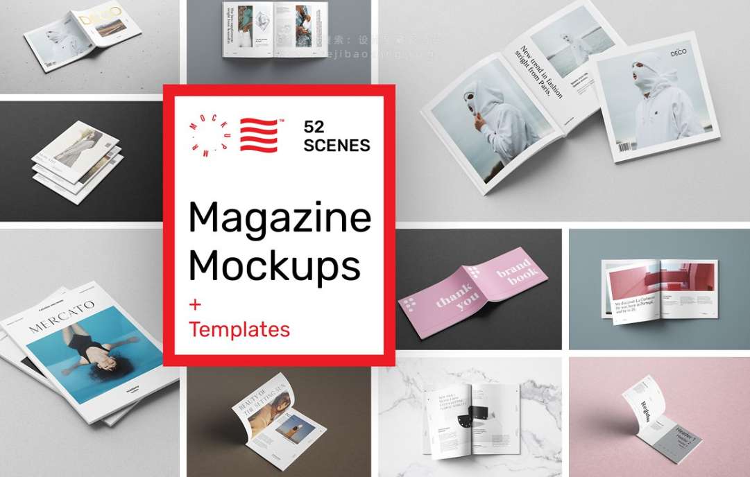 PS样机 52款书本杂志图书手册装订效果展示PS模型样机 Magazine Mockups – 52 Scenes