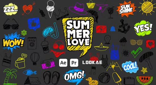 AE/PR模板-68个卡通可爱手绘线条涂鸦图形动画 Summer Scribble Icons-精品资源站