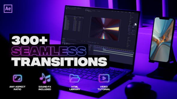 AE模板-300种缩放旋转扭曲分割透视滚动拉伸无缝转场预设 Handy Transitions-精品资源站