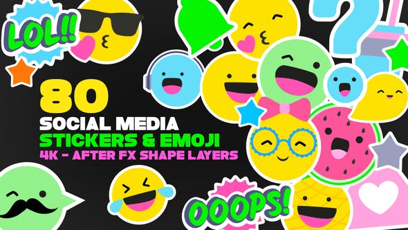 AE模板-社交媒体表情符号贴纸动画 Emoji And Social Media Stickers 4K Pack-精品资源站