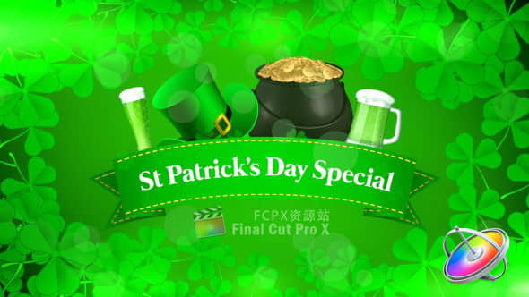 Apple Motion模板：绿色三叶草图文标题展示 St Patrick’s Day Special Promo-精品资源站