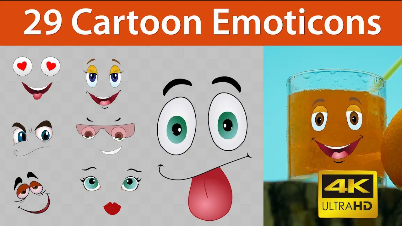 4K视频素材-Cartoon Emoticons 29个可爱卡通综艺贴图面部表情包特效动画循环素材 有透明通道