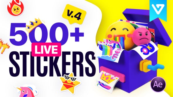 AE脚本/PR预设-200组综艺卡通花字表情贴纸标签动画 Live Stickers Library V3-精品资源站