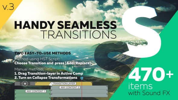 AE脚本+模板：470种缩放冲击移动模糊视觉冲击无缝转场效果 Handy Seamless Transitions | Pack & Script V3-精品资源站