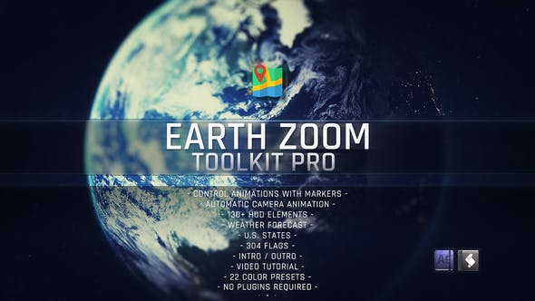 AE模板-太空地球俯冲定位地图位置标记放大展示介绍工具包(含脚本) Earth Zoom Toolkit Pro-精品资源站